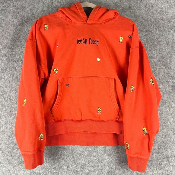 Teddy Fresh X Looney Tunes Hoodie Womens Large Orange Tweety Embroidered Cropped - Picture 1 of 16